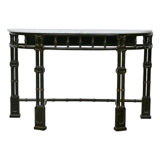 English Midcentury Demilune Table with Ebonized Bamboo Base, White Marble Top For Sale