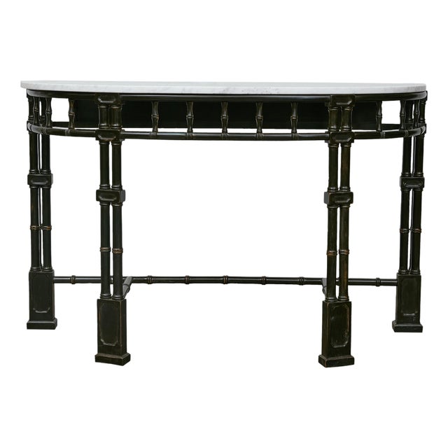 English Midcentury Demilune Table with Ebonized Bamboo Base, White Marble Top For Sale