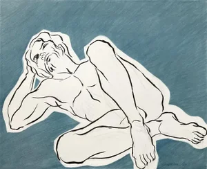 "Male Figure in Blue" Contemporary Figurative Ink and Pastel Drawing by Kathleen Ney
