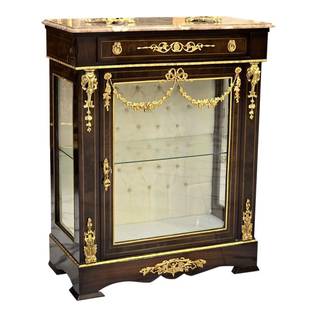 French Louis XVI Marble-Top Display Cabinet With Cream Velvet Interior & Hand-Gilded Gold Leaf Details For Sale