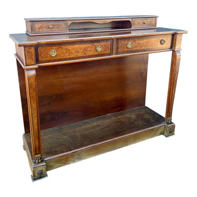 1960s Elegant Empire Style Console with Burlwood Veneer and Bronze Details For Sale