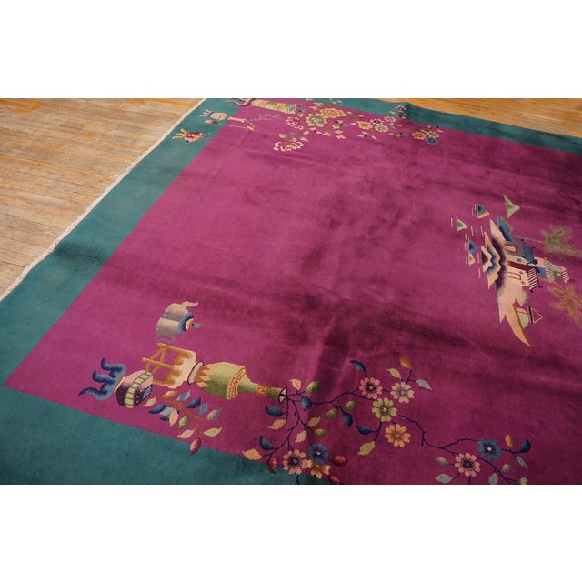 1920s Pink Blush Floral Antique Chinese Deco Rug 8'10" X 11'4 Handknotted Wool Carpet For Sale - Image 4 of 7