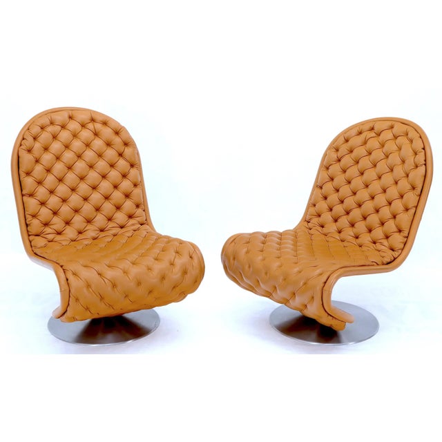 Pair of Mid 20th Century Documented Verner Panton Tan Tufted Leather 123 Lounge Chairs For Sale - Image 9 of 12