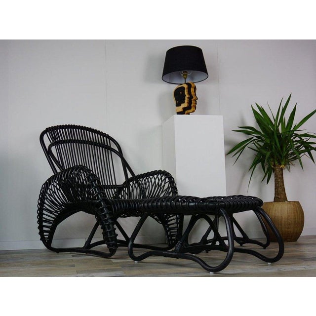 Set of Black Lacquered Rattan Lounge Chair with Ottoman For Sale - Image 11 of 11