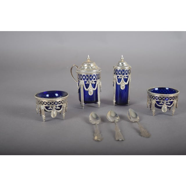Antique Silver-Mounted Cobalt Blue Glass Condiment Set, 1900, Set of 7 For Sale - Image 17 of 18