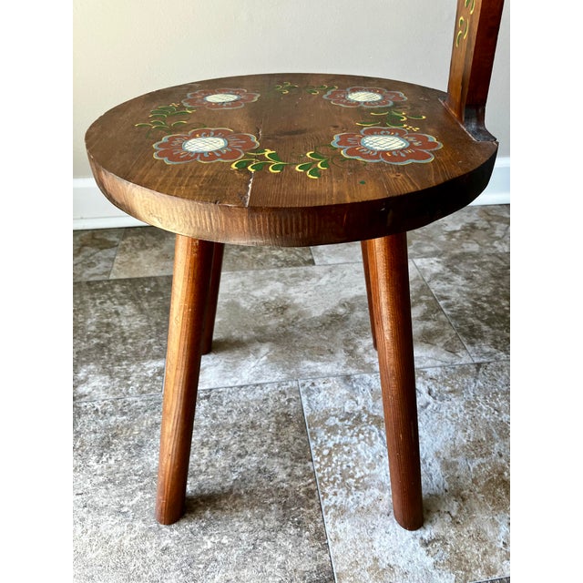 Vintage European Folk Art Hand-Painted Pine Stabelle Chair With Heart Cutout For Sale - Image 13 of 18