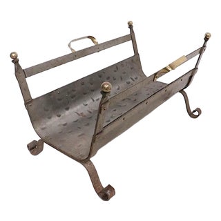 Mid 20th Century Arts and Crafts Style Iron and Brass Firewood Log Holder For Sale