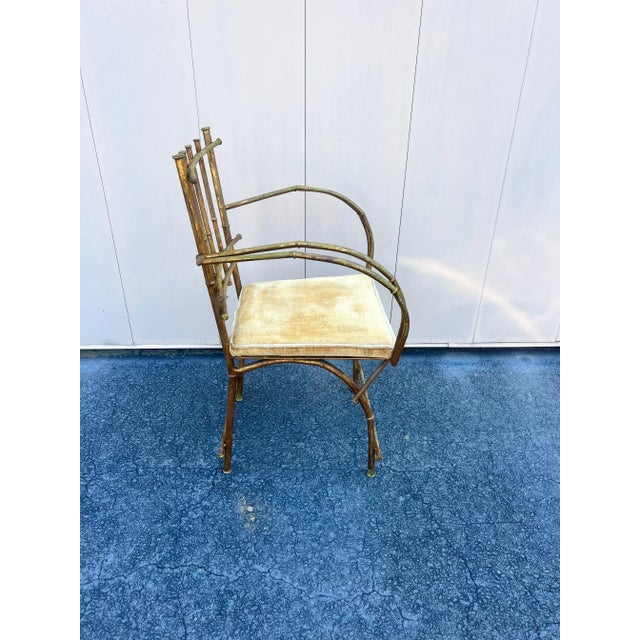 Canary Yellow 1950s Gilt Hollywood Regency Faux Bamboo Metal Arm / Vanity Chair For Sale - Image 8 of 9