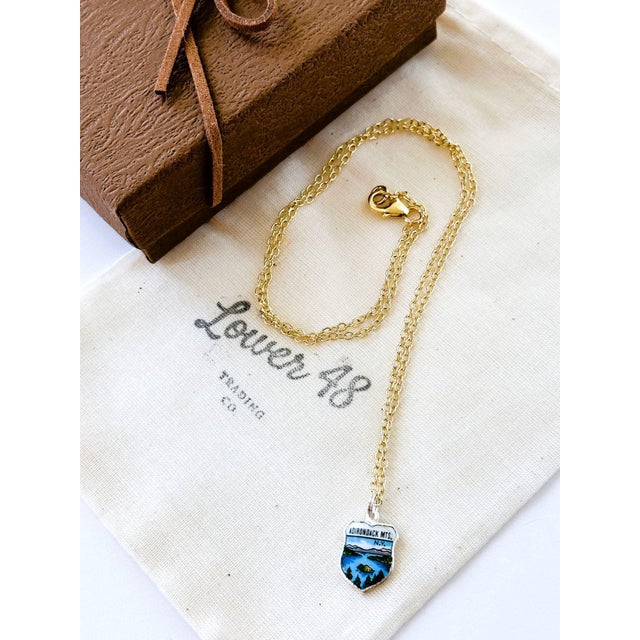Vintage Fritz REU Sterling Silver enamel charm features the Adirondack Mountains, NY on a new 18 inch Gold Filled necklace...