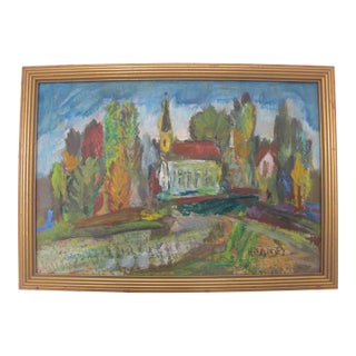 Charles Heaney Oregon Signed Impressionist Village Old Church Casein Painting For Sale