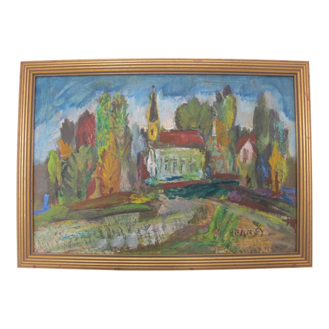 Charles Heaney Oregon Signed Impressionist Village Old Church Casein Painting For Sale