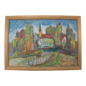 Charles Heaney Oregon Signed Impressionist Village Old Church Casein Painting