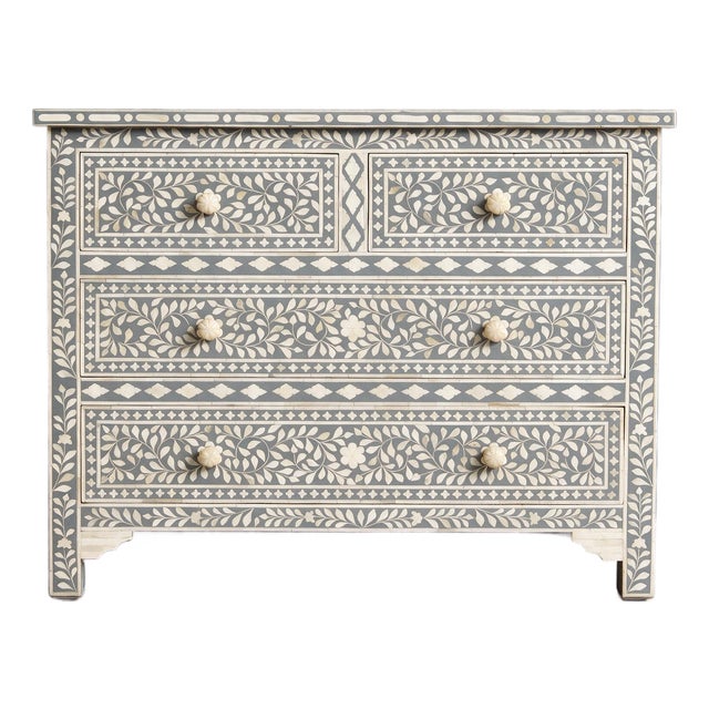 Arabesque Bone Inlay Four Drawer Chest - Grey by House of Jaipur For Sale