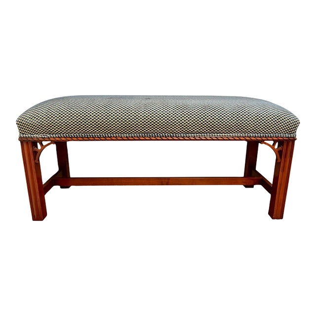 Blue Dot Velvet Upholstered and Carved Bench For Sale