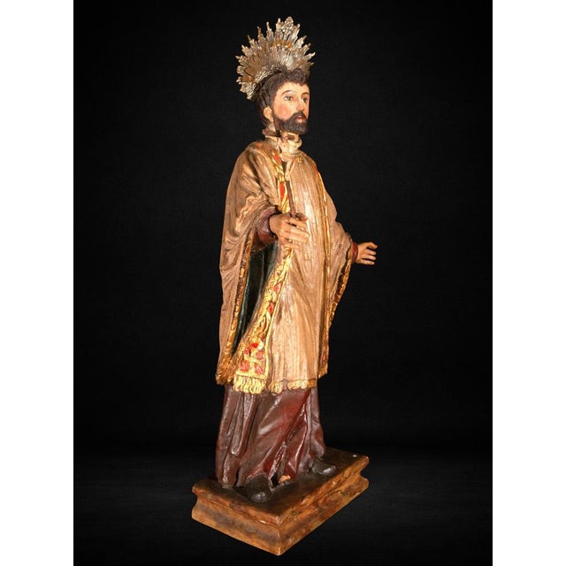 Spanish Artist, Colonial Sculpture of Saint Francis Xavier, 18th Century, Polychrome Wood For Sale - Image 4 of 11