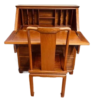 1960s George Zee Hong Kong Hand Carved Solid Rosewood Mid 20th Century Slant Drop Front Secretary Desk With Chair - Set of 2