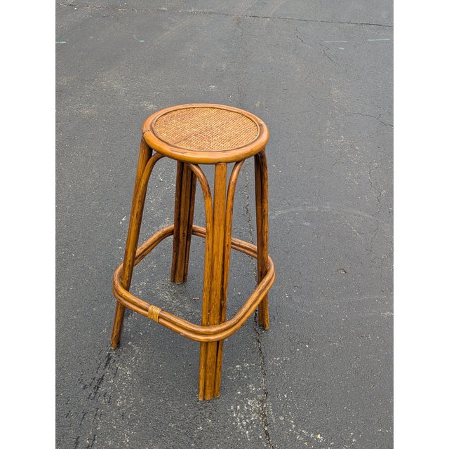 Boho Chic Vintage Bohemian Style Bamboo Stools With Rattan Weaving Seat, 3 Pieces For Sale - Image 3 of 8