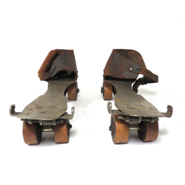 Early 1900s Antique American Wooden Wheel Roller Skates - a Pair For Sale - Image 4 of 13