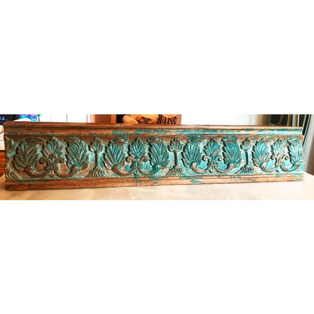 Antique Indian rosewood temple door beam carving with green distressed paint, circa 1900. Made of solid rosewood. Thick...