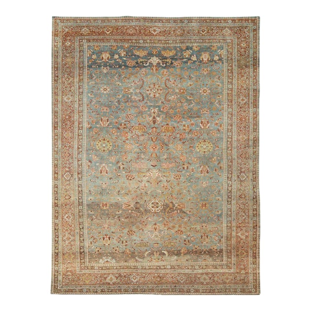 Early 20th Century Handmade Persian Mahal Room Size Carpet in Rust and Seafoam For Sale