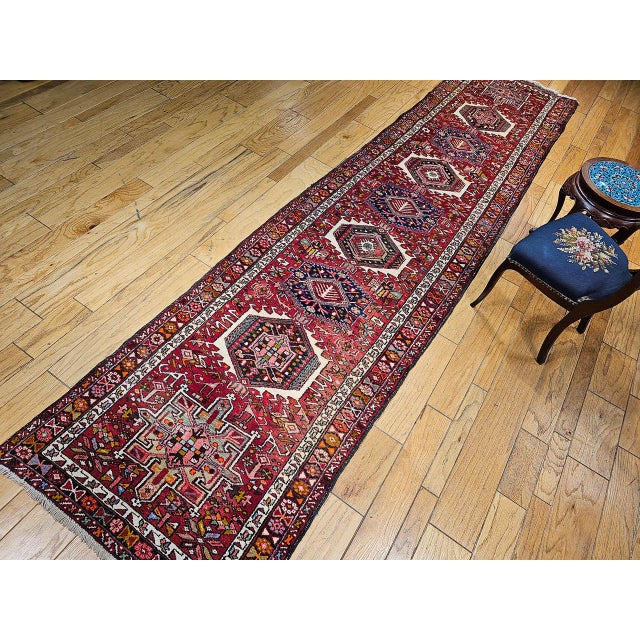 Textile Antique Persian Heriz Karajeh Runner, Hand-Knotted Wool, Geometric Medallion Pattern, Red & Navy, 4x14 For Sale - Image 7 of 18