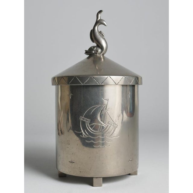 Swedish Pewter Lidded Jar with Sculptural Fish Finial and Ship Engraving, 1928 For Sale - Image 3 of 18