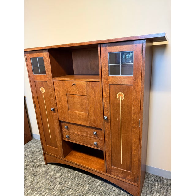 2010s Stickley Mission Collection Harvey Ellis Inlaid Oak Fall Front Bookcase For Sale - Image 5 of 5