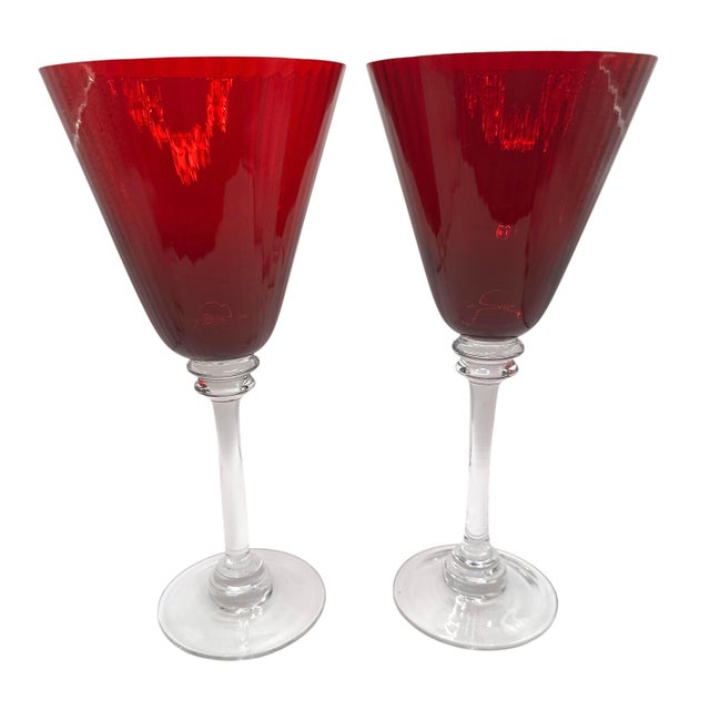 Vintage Elegant Ruby Red Fluted Wine Goblets With Crystal Clear Stems - A Pair For Sale - Image 12 of 12