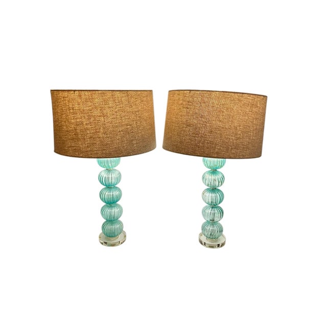 Vintage Modernist Stacked Glass Balls Pair of Table Lamps Circa 1970s-1980s with Acrylic Base and Clear 8 Ft Cords....