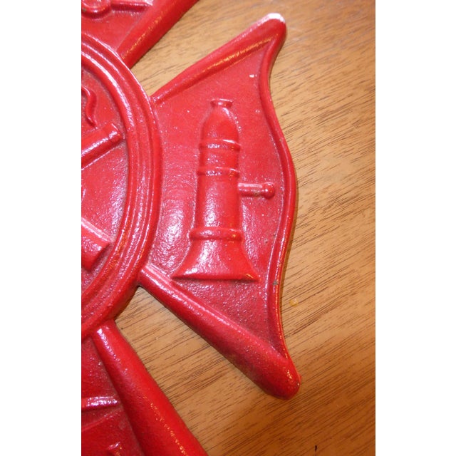 Vintage Red Painted Firemen Wall Plaque ~ Cast Iron Plaque For Sale - Image 4 of 9