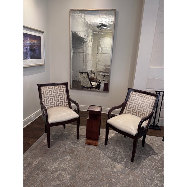 Pair of Custom Dark Wood Scroll Arm Accent Chairs – Greek Key Upholstery For Sale - Image 4 of 9
