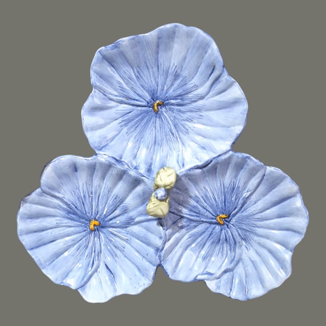 Contemporary Vintage Majolica Multi Sectional Three Flower Viola Pansy Serving Dish For Sale - Image 3 of 7