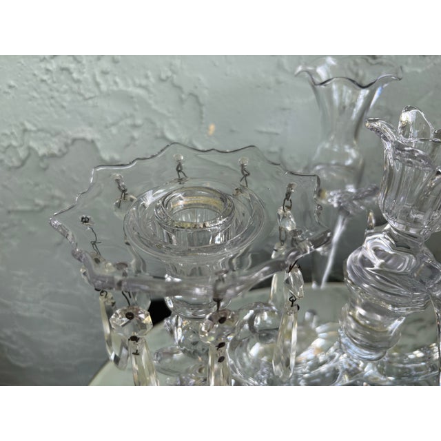 Transparent Vintage Cambridge Glass Crystal Epergne Candelabra With Hanging Prisms and Oval Mirror Display Base For Sale - Image 8 of 12