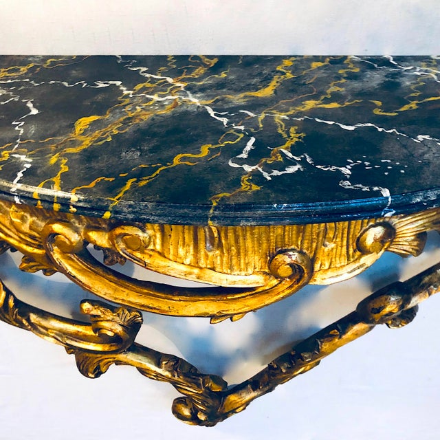 Antique Hand-Carved Gilt Wood Console - Wall Mount - Faux Marble Top For Sale - Image 4 of 12