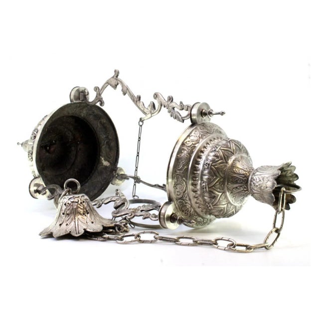 Silver Pendant with Reliefs, Mesh Suspension Chain, Padlock and Ceiling Bracket For Sale - Image 3 of 8