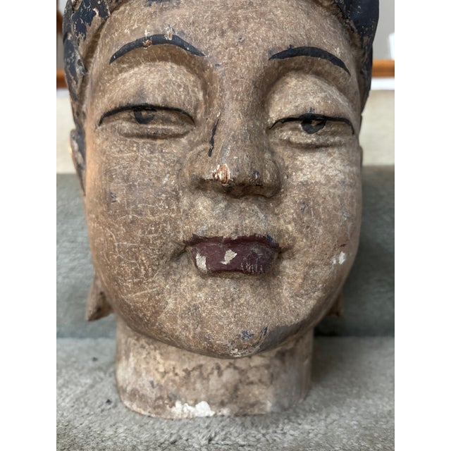 Carved and Polychromed Wooden Buddha Head For Sale - Image 9 of 11