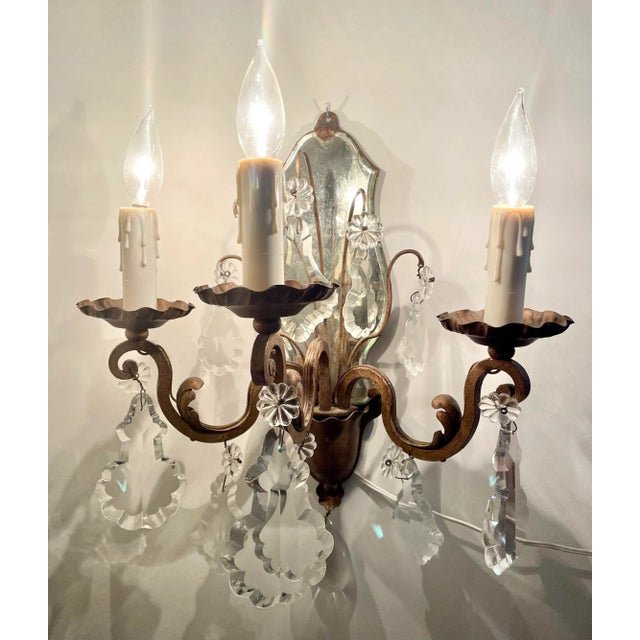 Early 20th Century Pair of French 3-Arm Candelabra Crystal Mirror Sconces For Sale - Image 11 of 13