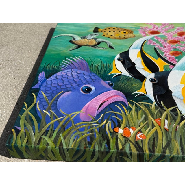 Textile Hand-Painted Tropical Reef Fish Gallery-Wrapped Canvas Painting For Sale - Image 7 of 12