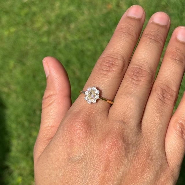 Minimalism Vintage-Inspired Natural Yellow Diamond Cluster Engagement Ring 14k Gold Size 5 For Sale - Image 3 of 17