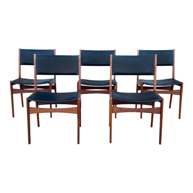 1960s Danish Modern Teak & Vinyl Dining Chairs by Frem Rojle - Set of 5 For Sale