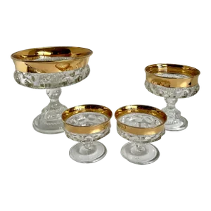 1950's Indiana Glass Thumbprint Glass and Gold Pedestal Bowls and Candle Holders
