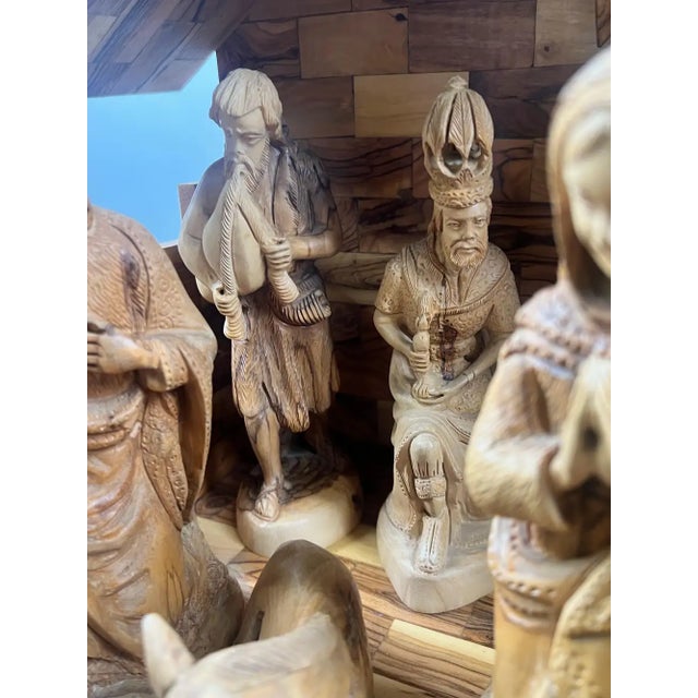 Wood Religious Hand Carved Olive Wood Nativity Set With Stable, Holy Family, Wise Men For Sale - Image 7 of 18
