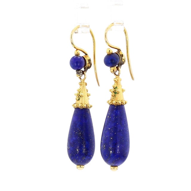 Vintage Retro Lapis Lazuli 18k Gold Drop Earrings, A Pair For Sale - Image 4 of 8