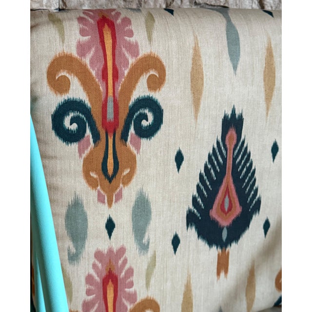 Pair of Wrought Iron Turquoise Lounge Chairs with Outdoor Geometrical Fabric For Sale - Image 14 of 18