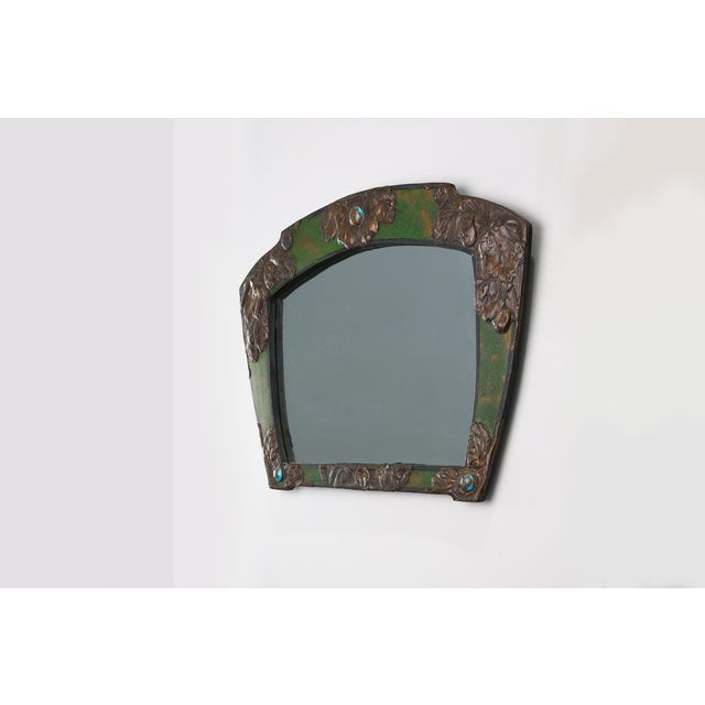 Arts & Crafts Mirror in Green Metal with Glass Decoration, France, 1890s For Sale - Image 6 of 11
