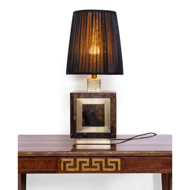 Brown Large Italian Lacquered Vellum & Brass Table Lamp and Shade attributed Aldo Tura, 1960 For Sale - Image 8 of 18