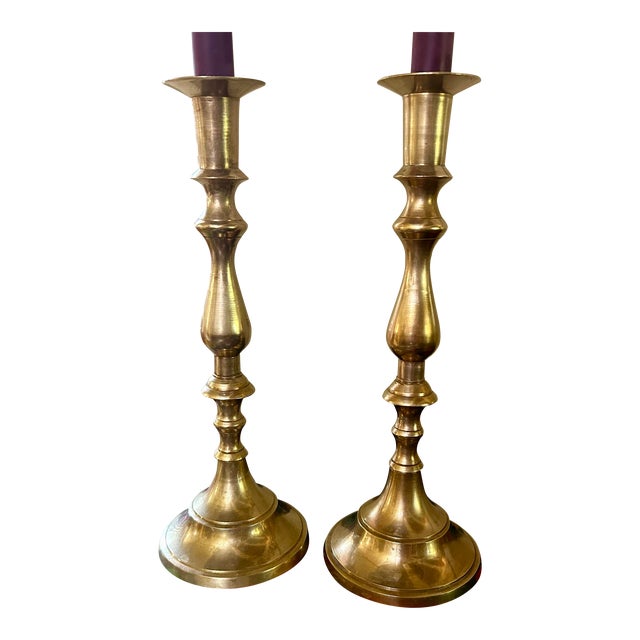 Pair of Mid 20th Century Tall and Slender Brass Candlesticks For Sale