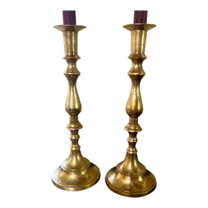 Pair of Mid 20th Century Tall and Slender Brass Candlesticks