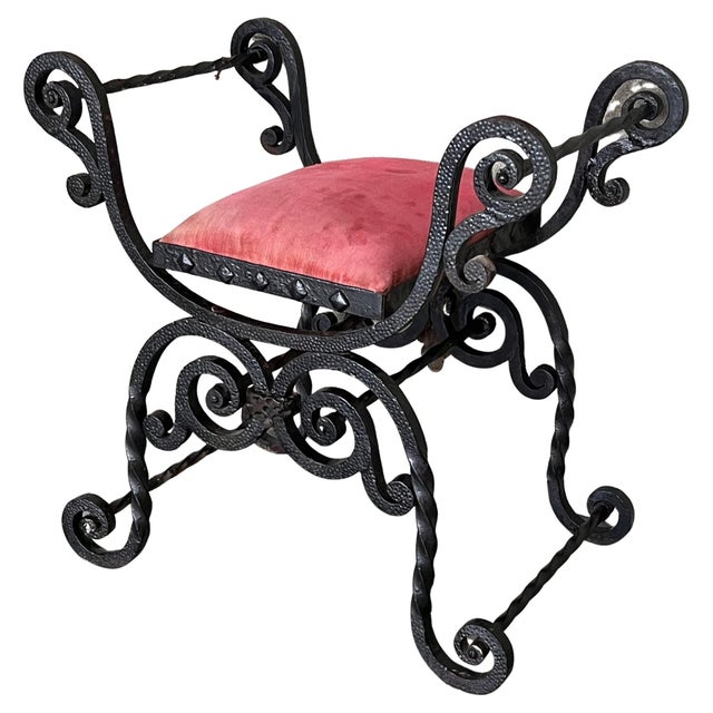 Black Late 19th Century Hollywood Regency Wrought Iron Curule Bench, Savonarola, Throne For Sale - Image 8 of 18