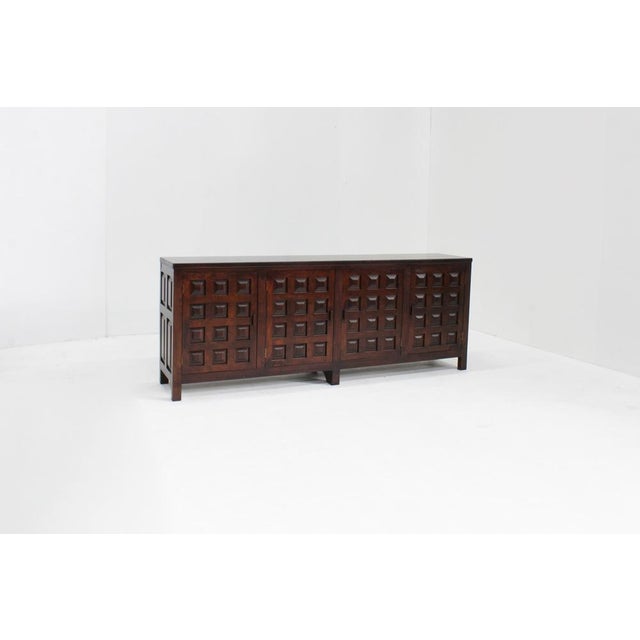 Vintage Brutalist Sideboard in solid stained wood from the 1960s , Spain. Beautifully designed with graphical squared wood...